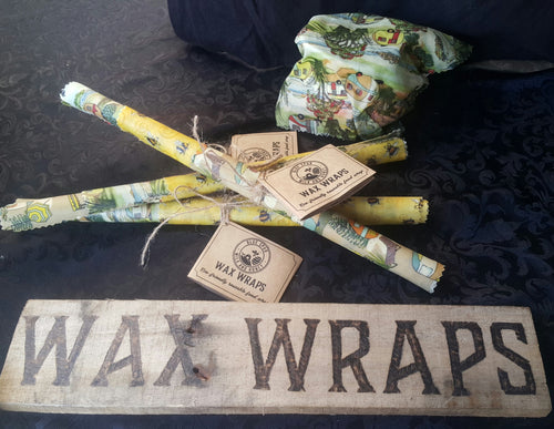 Wax wraps with a wooden sign saying wax wraps